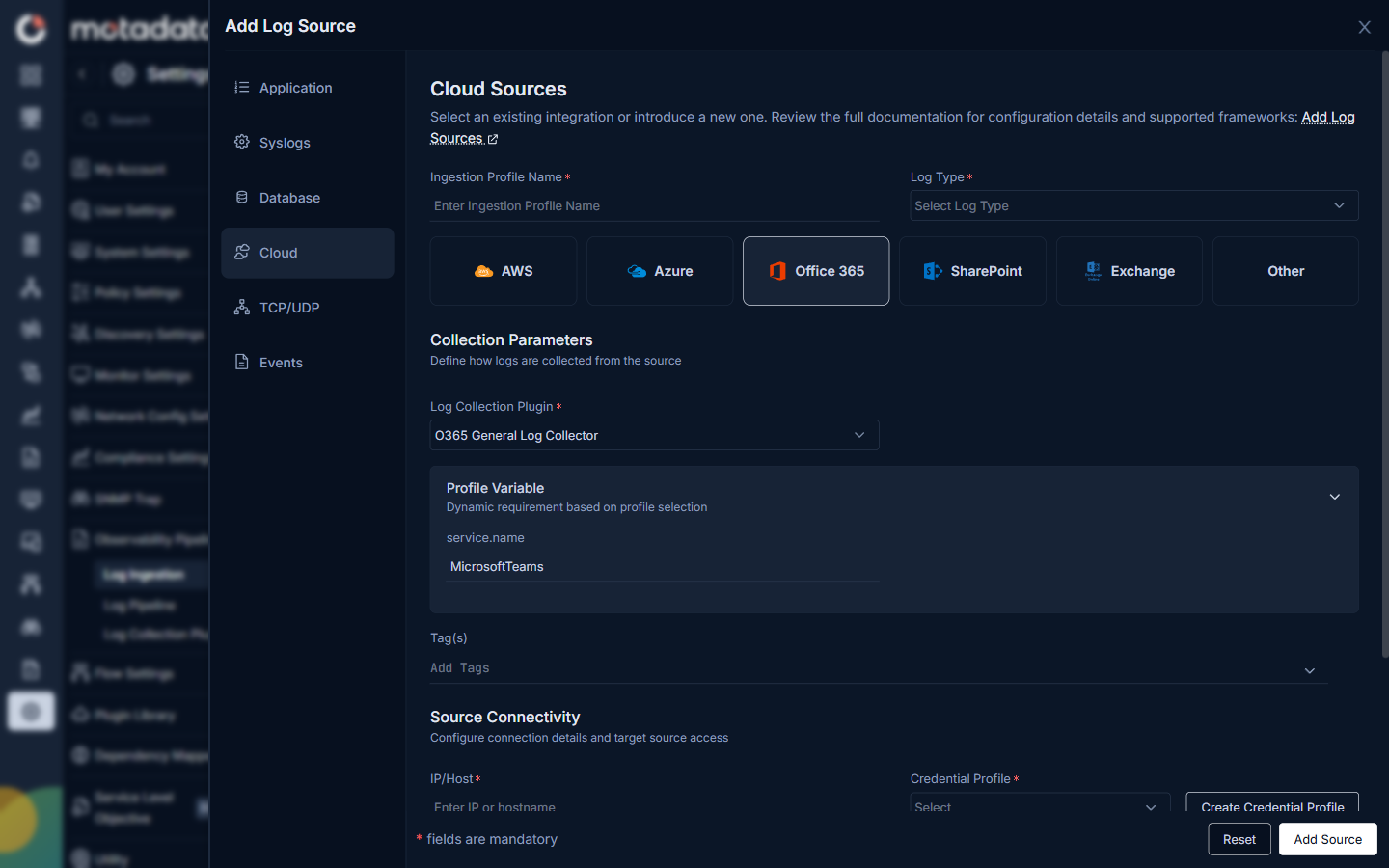 Office 365 cloud source form showing O365 General Log Collector plugin, Profile Variable with service.name set to MicrosoftTeams, Tags, and Source Connectivity fields