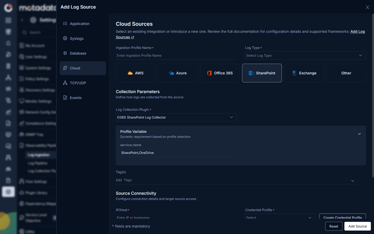 SharePoint cloud source form showing O365 SharePoint Log Collector plugin, Profile Variable with service.name set to SharePoint,OneDrive, Tags, and Source Connectivity fields
