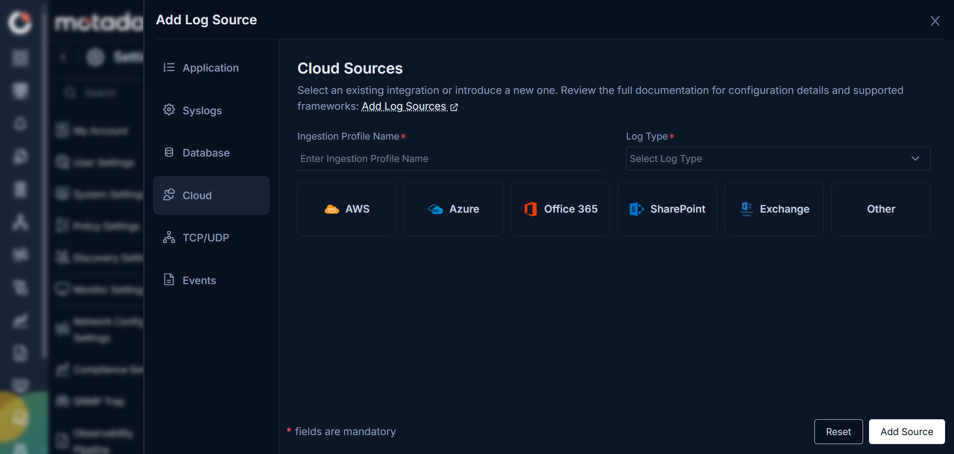 Add Log Source — Cloud Sources panel showing Ingestion Profile Name, Log Type, and six provider cards: AWS, Azure, Office 365, SharePoint, Exchange, and Other