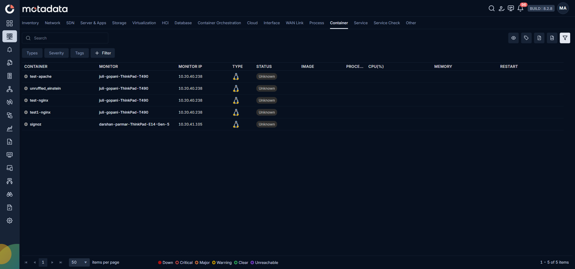 Monitor navigation panel with the Container category selected showing the provisioned Docker containers
