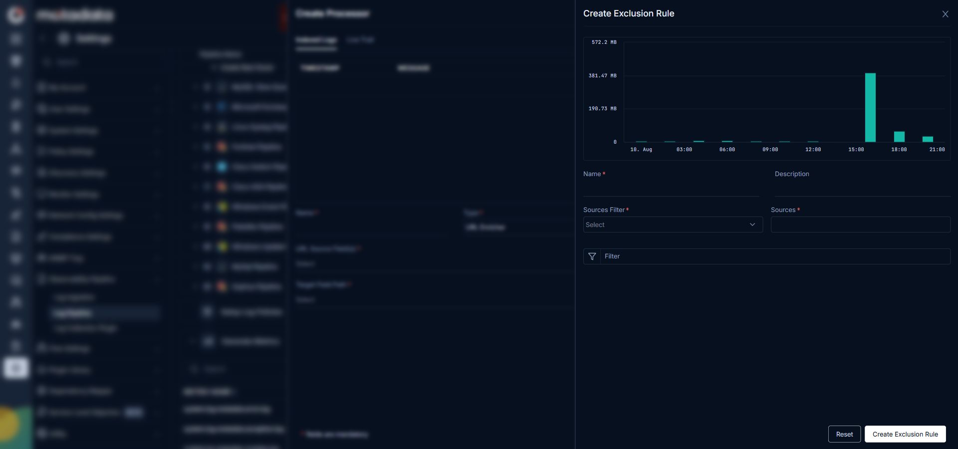 Create Exclusion Rule form showing Name, Description, Sources Filter, Sources, and Filter fields with a log volume preview chart