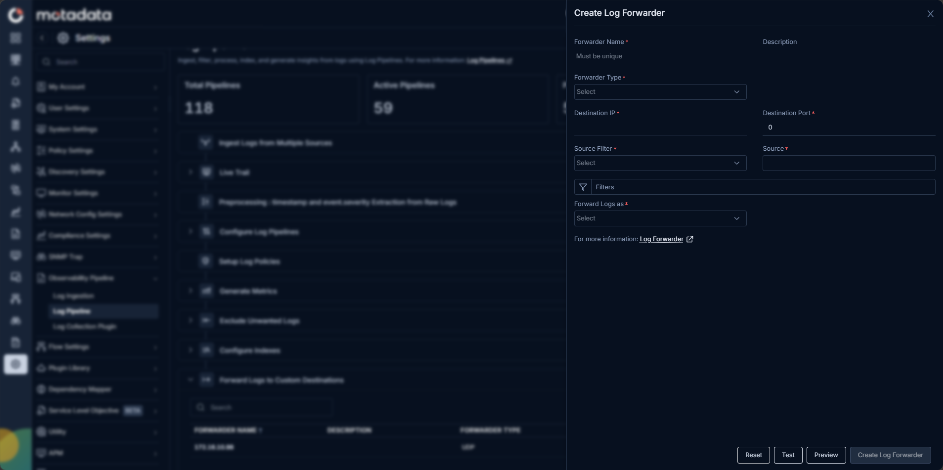 Create Log Forwarder screen showing forwarder configuration fields