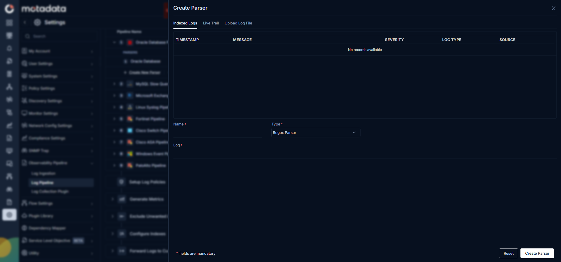 Create Parser screen showing the Indexed Logs tab with qualifying logs from the last 15 minutes