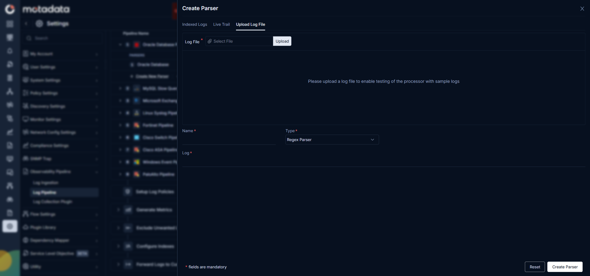 Create Parser screen showing the Upload Log File tab with test output and field distribution