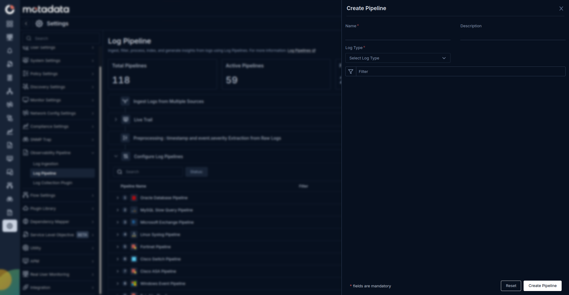Create Pipeline form showing Name, Log Types, and Pre-filter fields