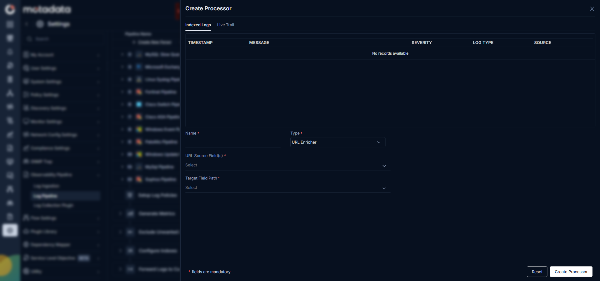 Create Processor screen showing available processor types and the configuration panel