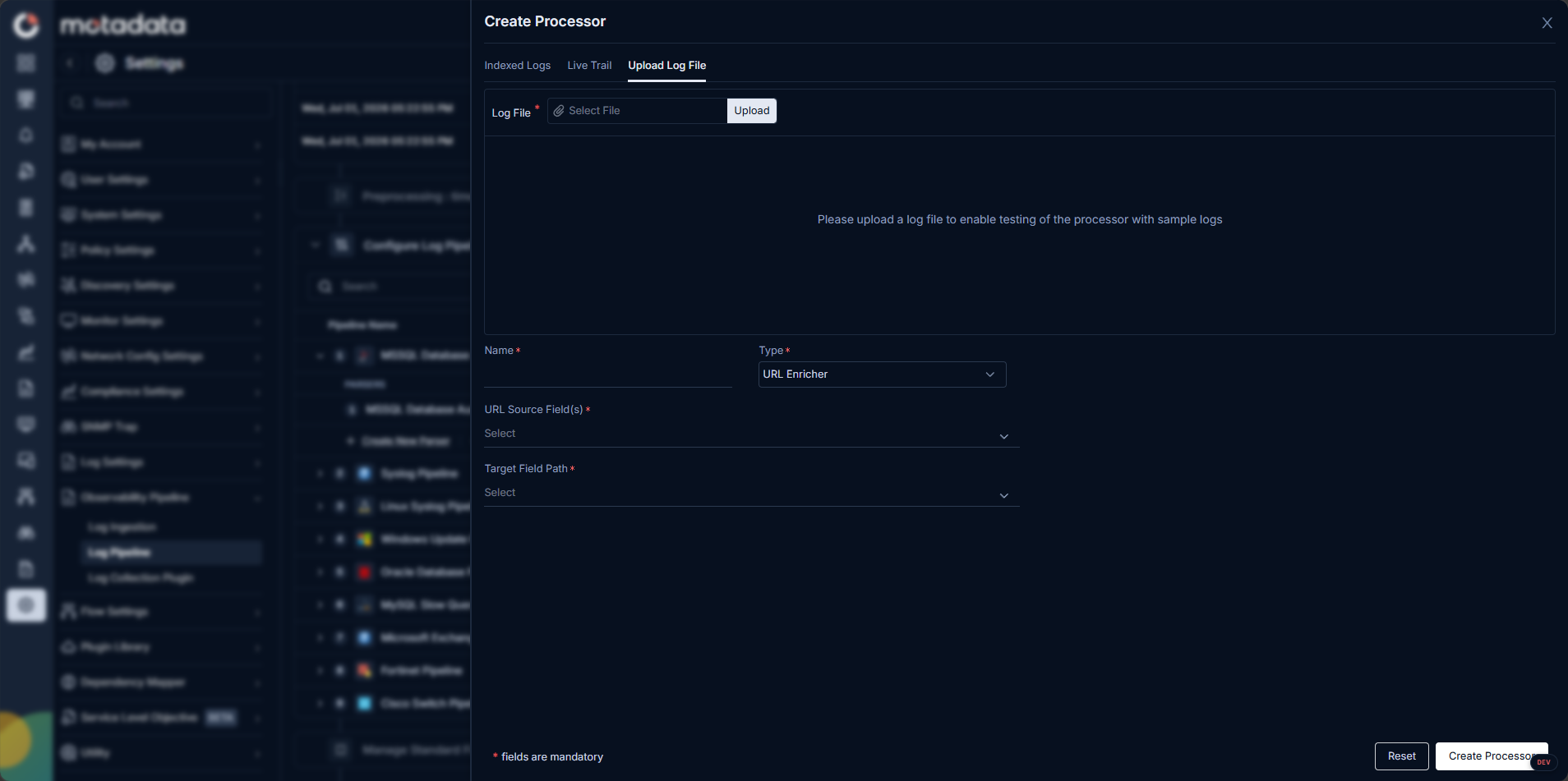 Create Processor screen with the Upload Log File tab showing processed output
