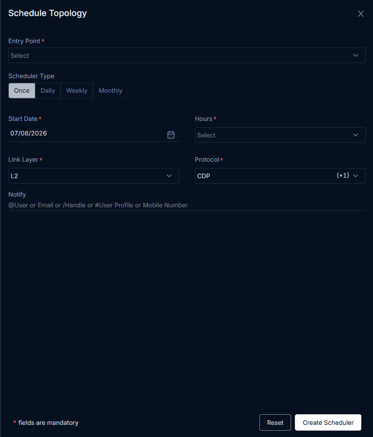 Create Scheduler dialog with fields for entry point, schedule, protocols, and notification