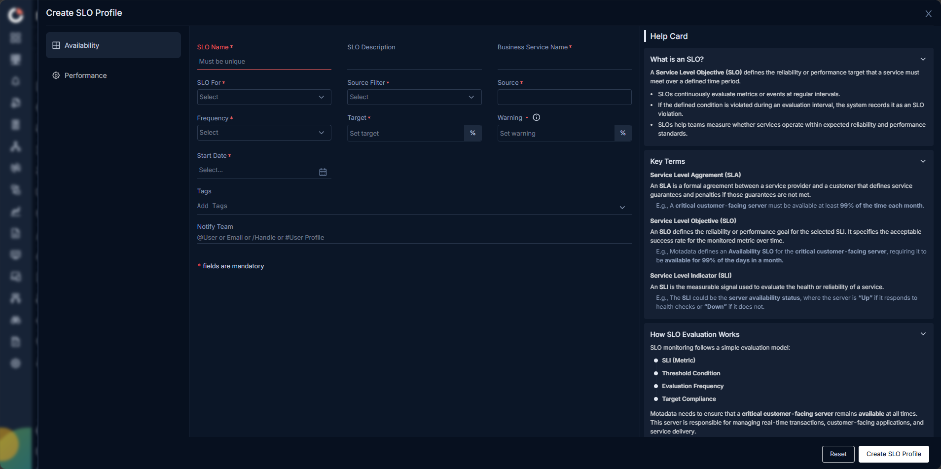 SLO Profile list screen