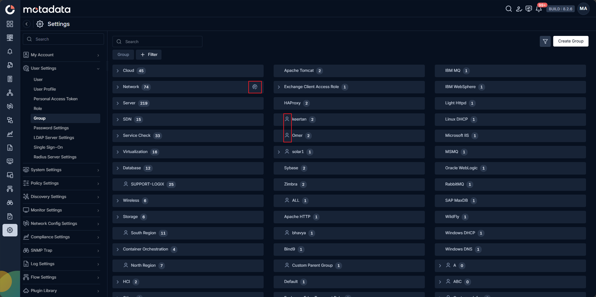 Group list screen showing all existing groups with monitor counts and Create Group button