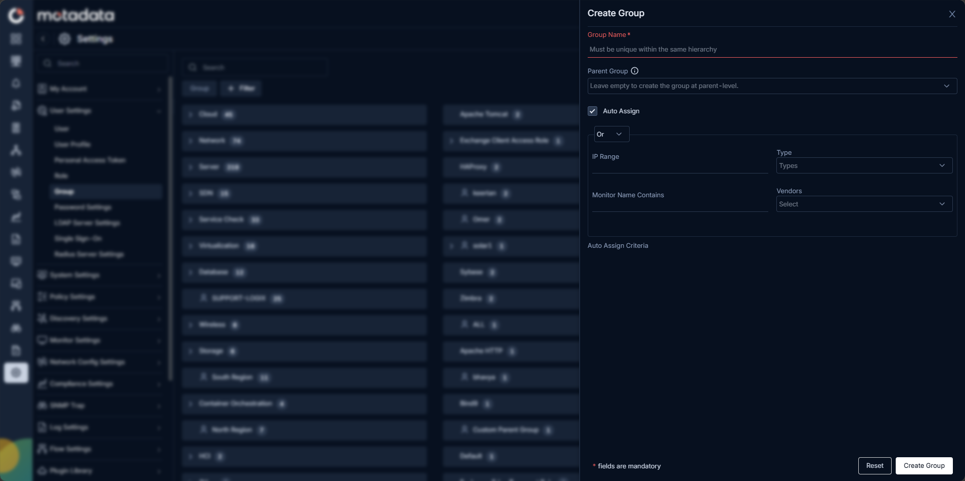 Create Group panel showing Group Name, Parent Group, Auto Assign, and filter criteria fields