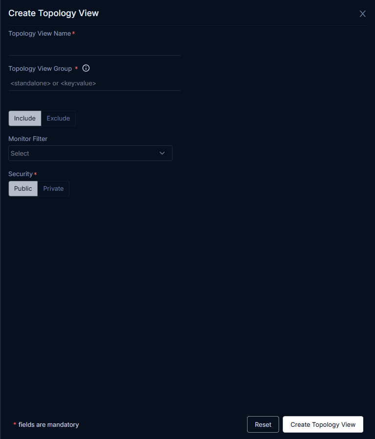Create Topology View dialog with fields for name, group, filters, and security