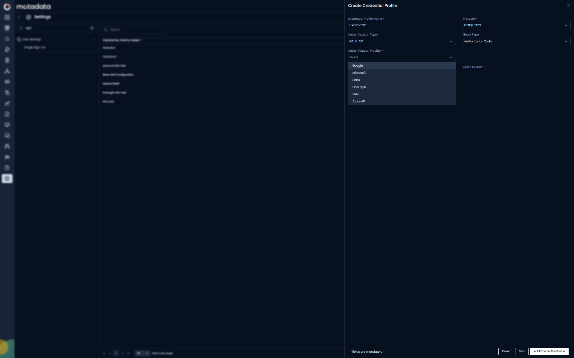 Authentication Provider dropdown showing Google, Microsoft, Slack, OneLogin, Okta, and Azure AD options
