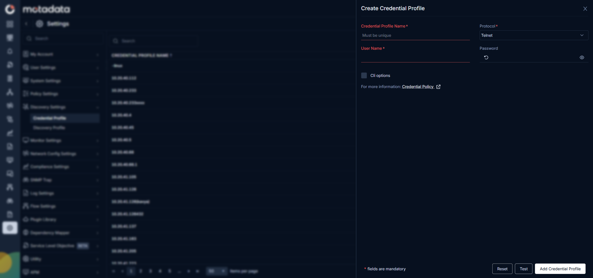 Telnet credential form showing User Name, Password, and CLI options fields