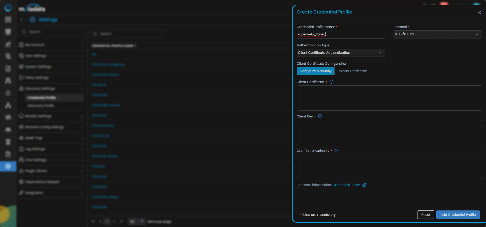 Create Credential Profile form for Tanzu Kubernetes