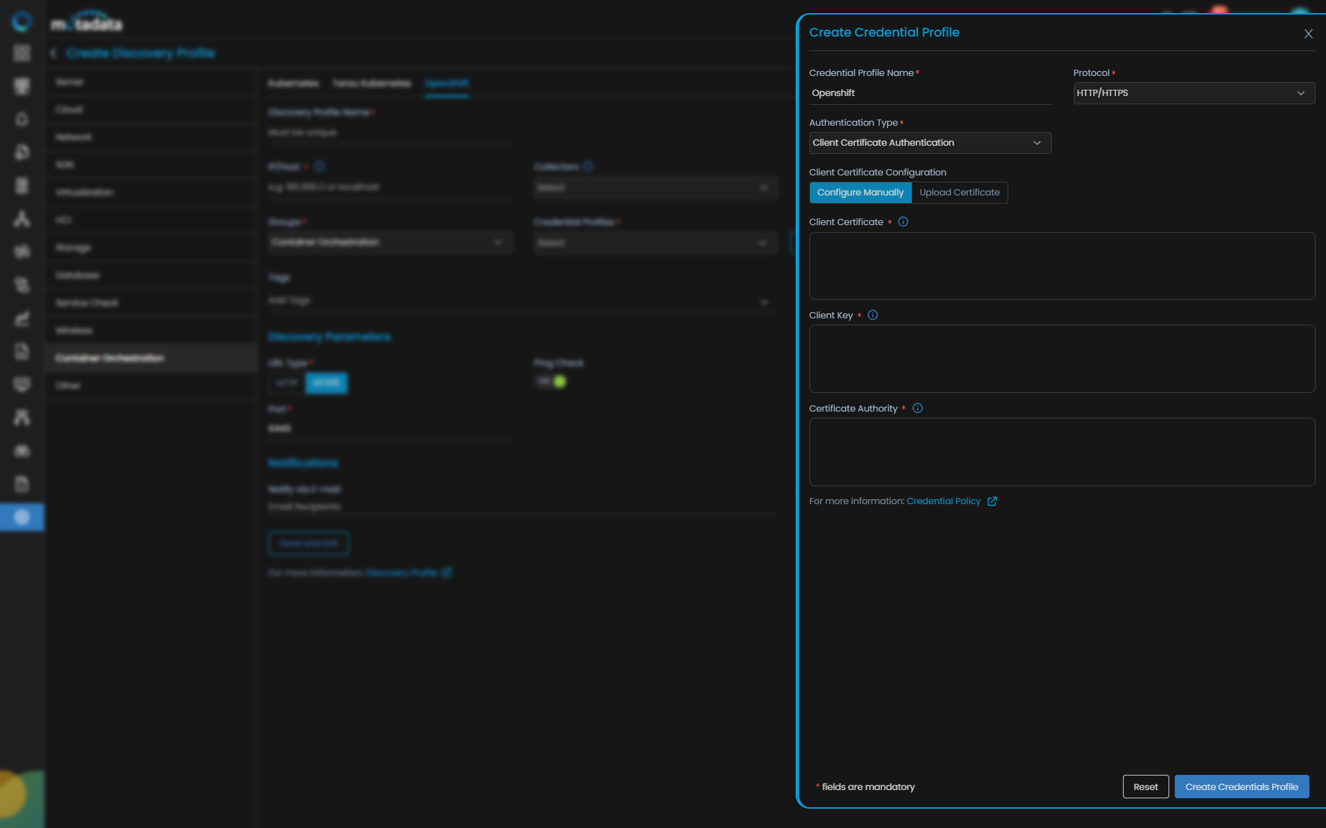 Create Credential Profile form for OpenShift