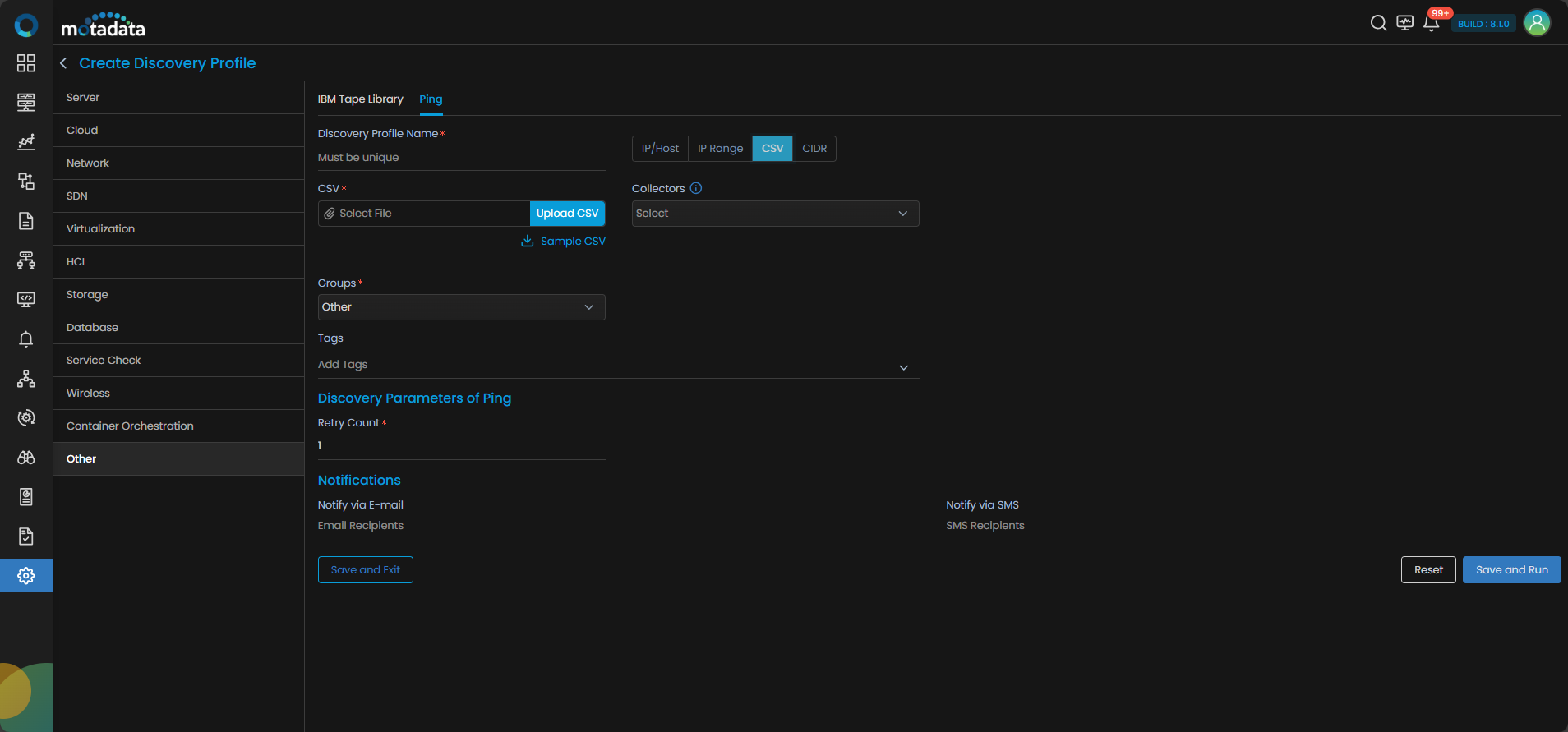 Discovery Profile form with CSV upload field for Ping discovery