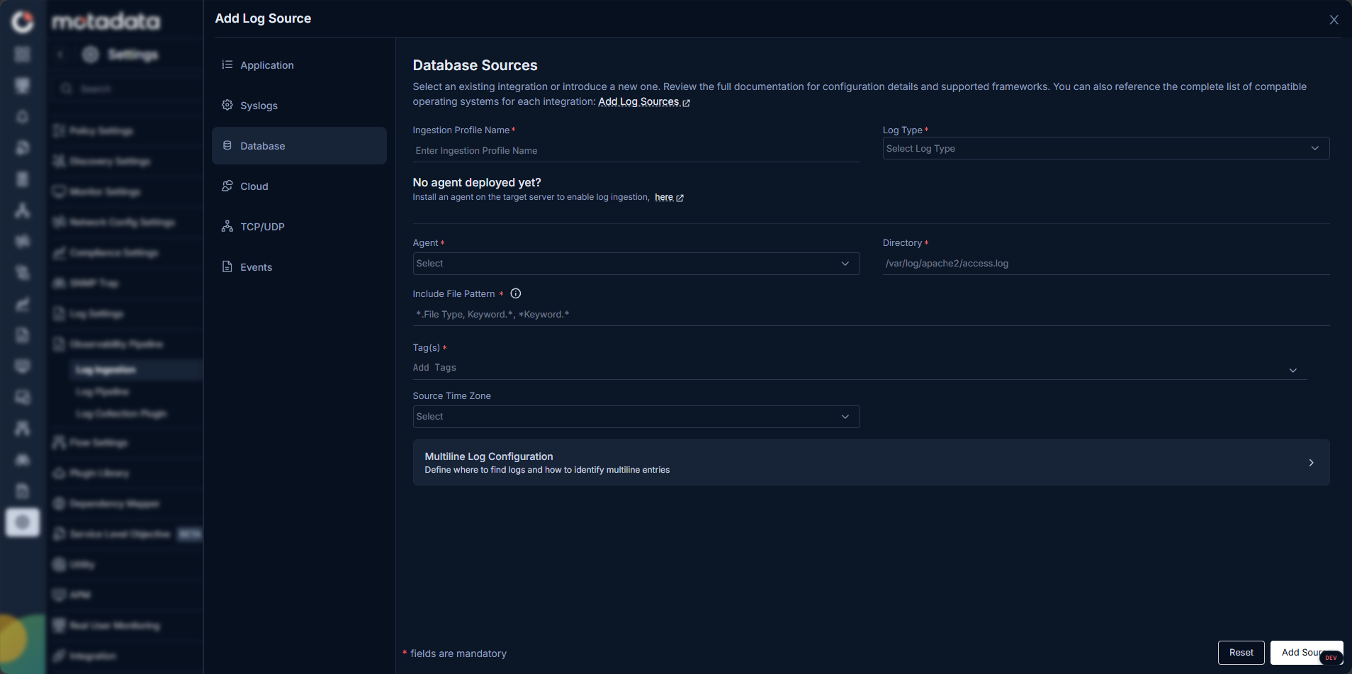 Add Log Source — Database Sources form showing the same fields as Application with Agent, Directory, and Include File Pattern