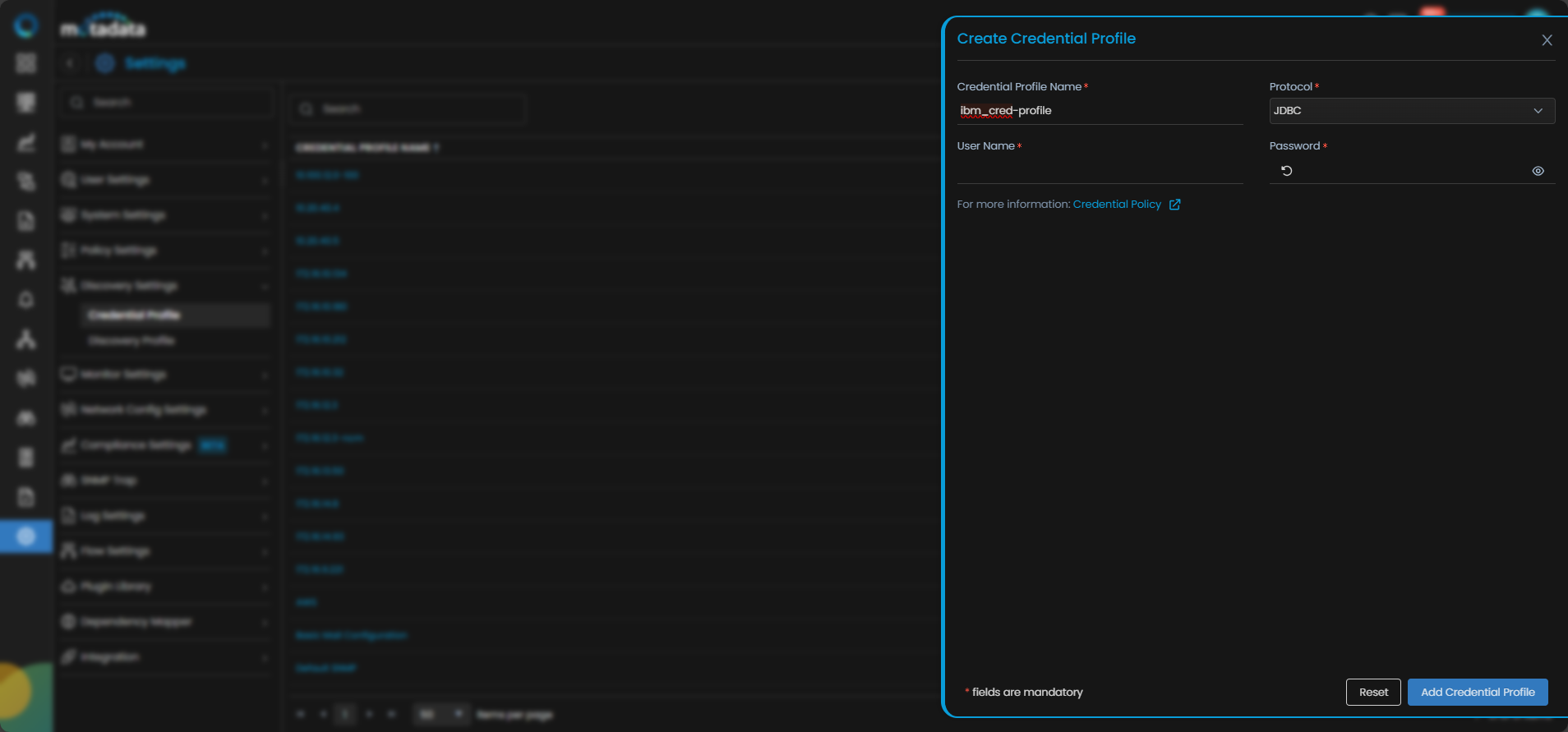 Create Credential Profile form for database monitoring