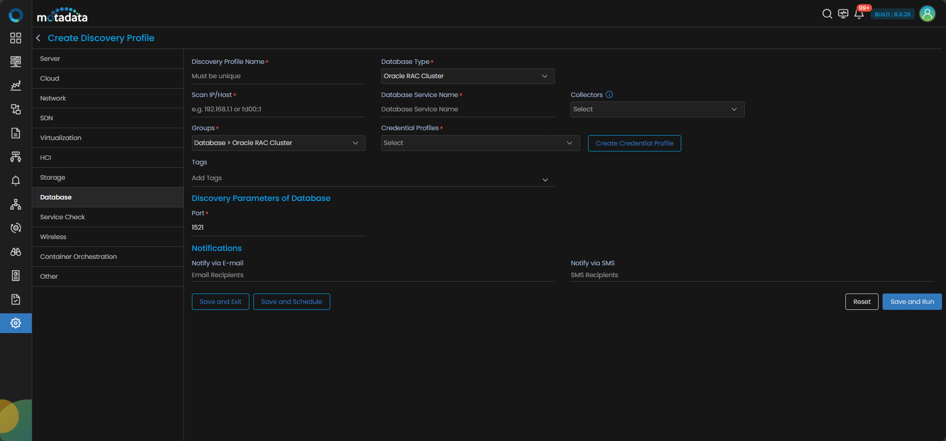 Discovery Profile form with Database category selected