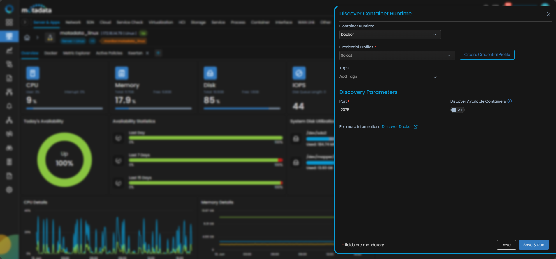 Add Container Runtime panel showing Docker discovery fields