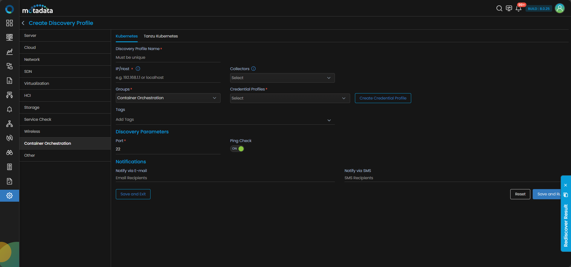 Discovery Profile form with Container Orchestration and Kubernetes selected