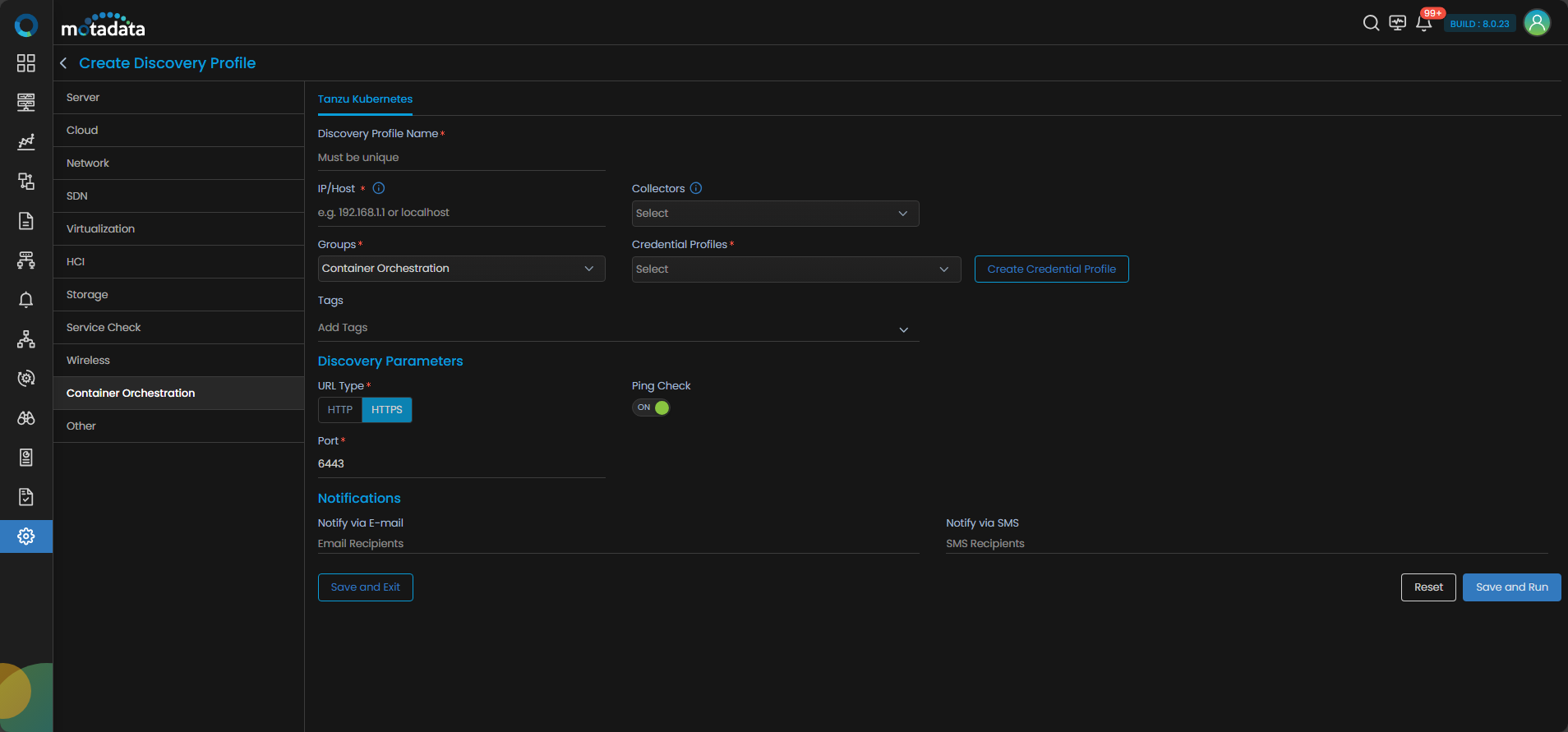Discovery Profile form with Container Orchestration and Tanzu Kubernetes selected