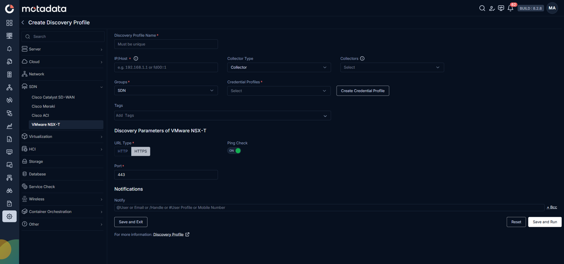 Discovery Profile form with SDN category and VMware NSX-T selected