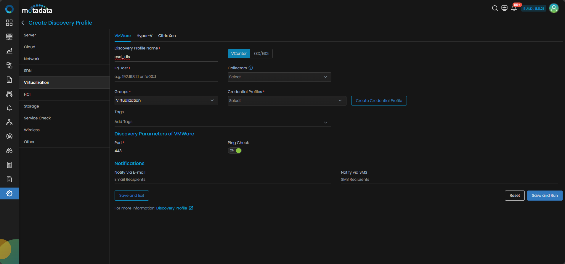 Discovery Profile form with ESXi discovery fields visible