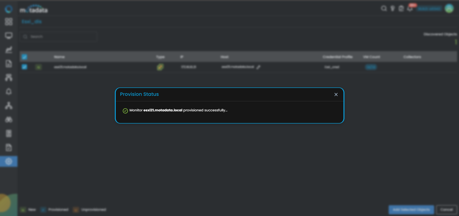 Provisioning screen showing discovered ESXi hosts with checkboxes to select
