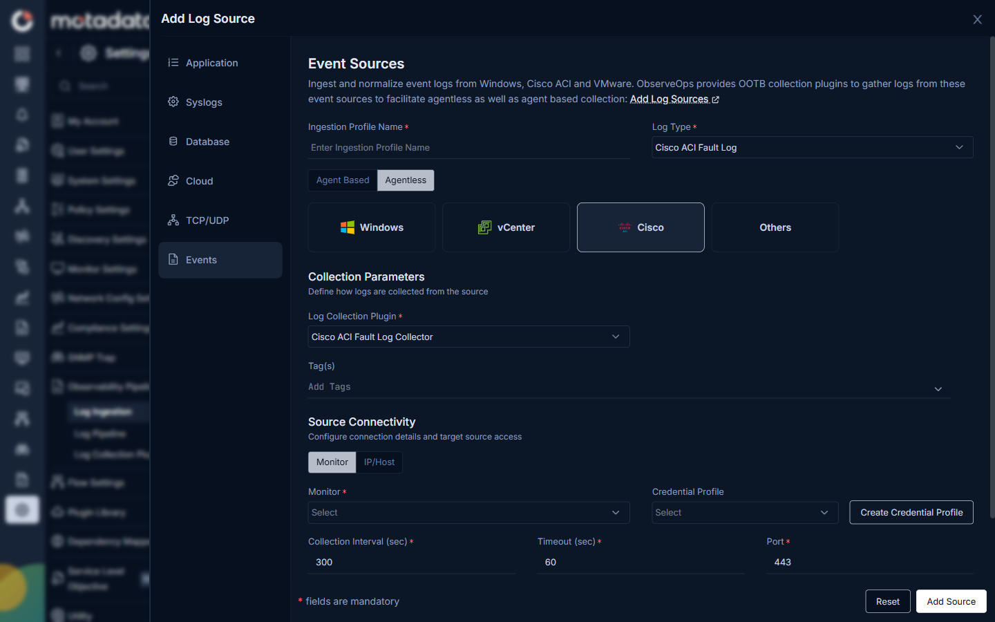 Cisco agentless event source form showing Cisco ACI Fault Log Collector plugin, Tags, and Source Connectivity with Monitor, Credential Profile, Collection Interval, Timeout, and Port fields