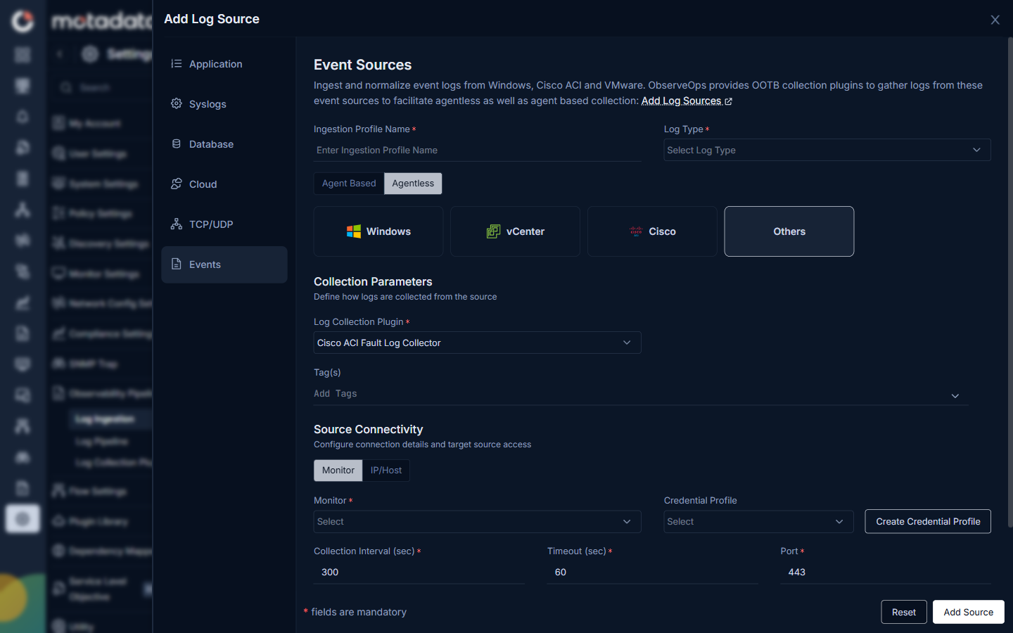 Others agentless event source form showing Log Collection Plugin dropdown, Tags, and Source Connectivity with Monitor, Credential Profile, Collection Interval, Timeout, and Port fields
