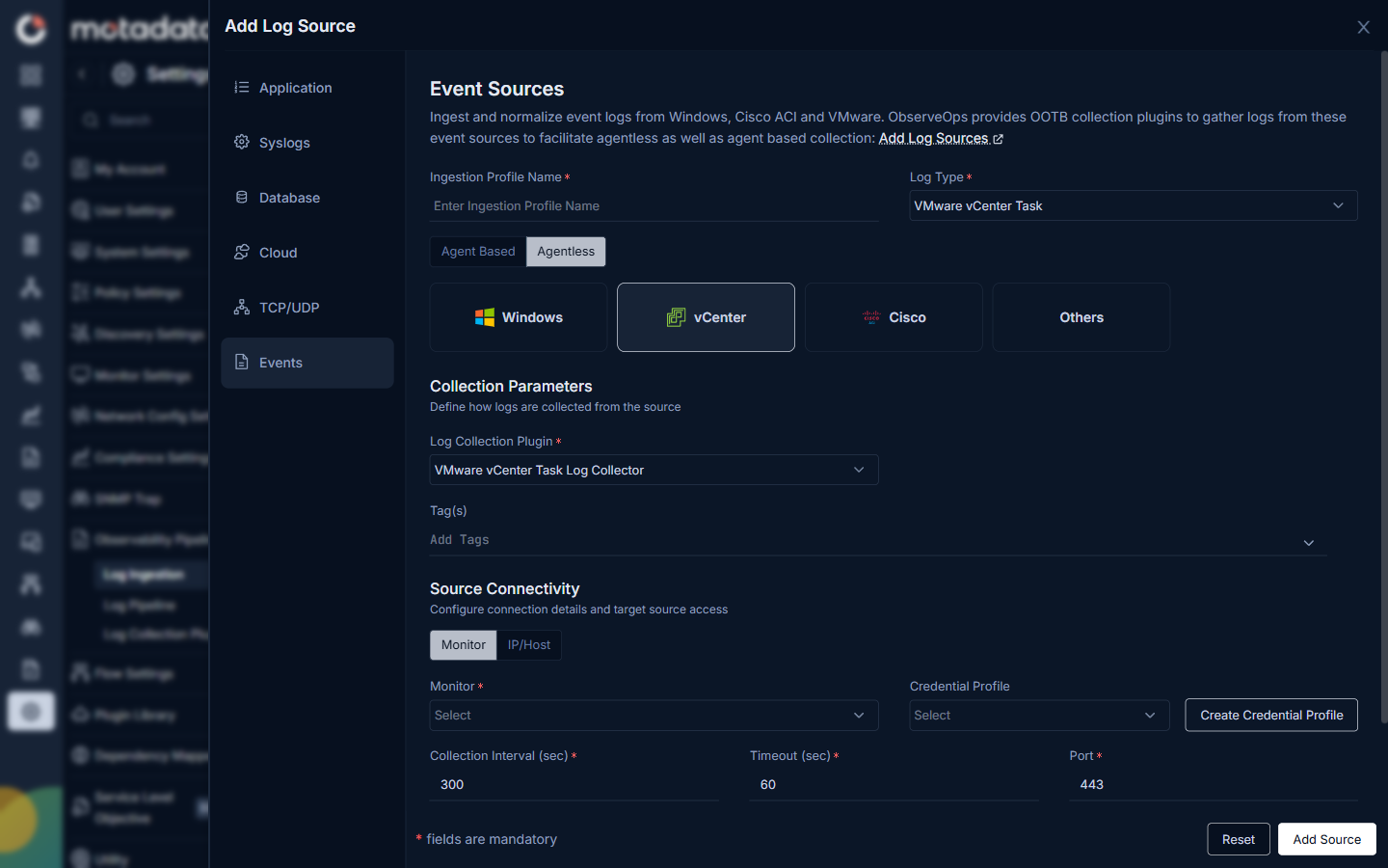 vCenter agentless event source form showing VMware vCenter Task Log Collector plugin, Tags, and Source Connectivity with Monitor, Credential Profile, Collection Interval, Timeout, and Port fields