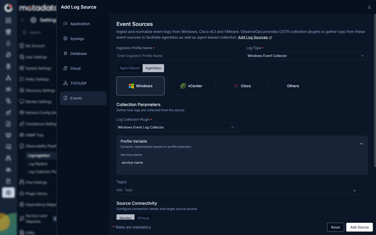 Windows agentless event source form showing Windows Event Log Collector plugin, Profile Variable with service.name field, Tags, and Source Connectivity with Monitor and IP/Host selection