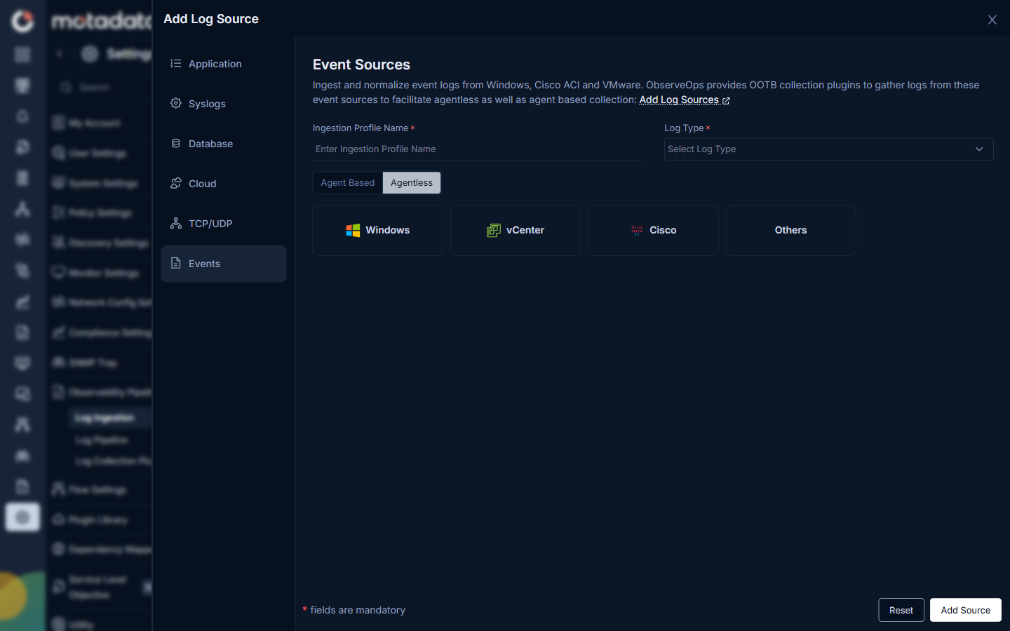 Add Log Source — Event Sources Agentless tab showing four source cards: Windows, vCenter, Cisco, and Others