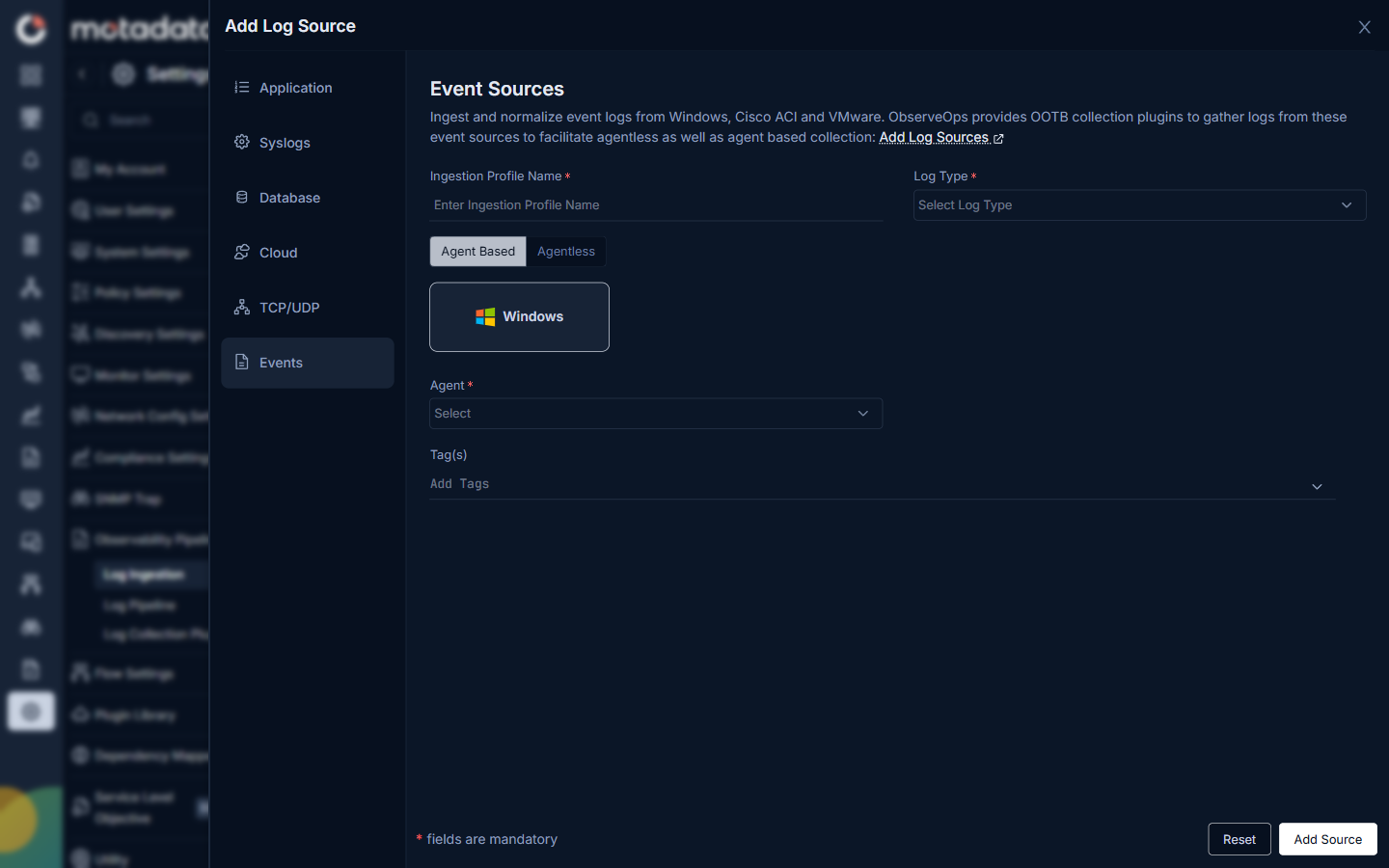 Add Log Source — Event Sources Agent Based tab showing Agent and Tags fields