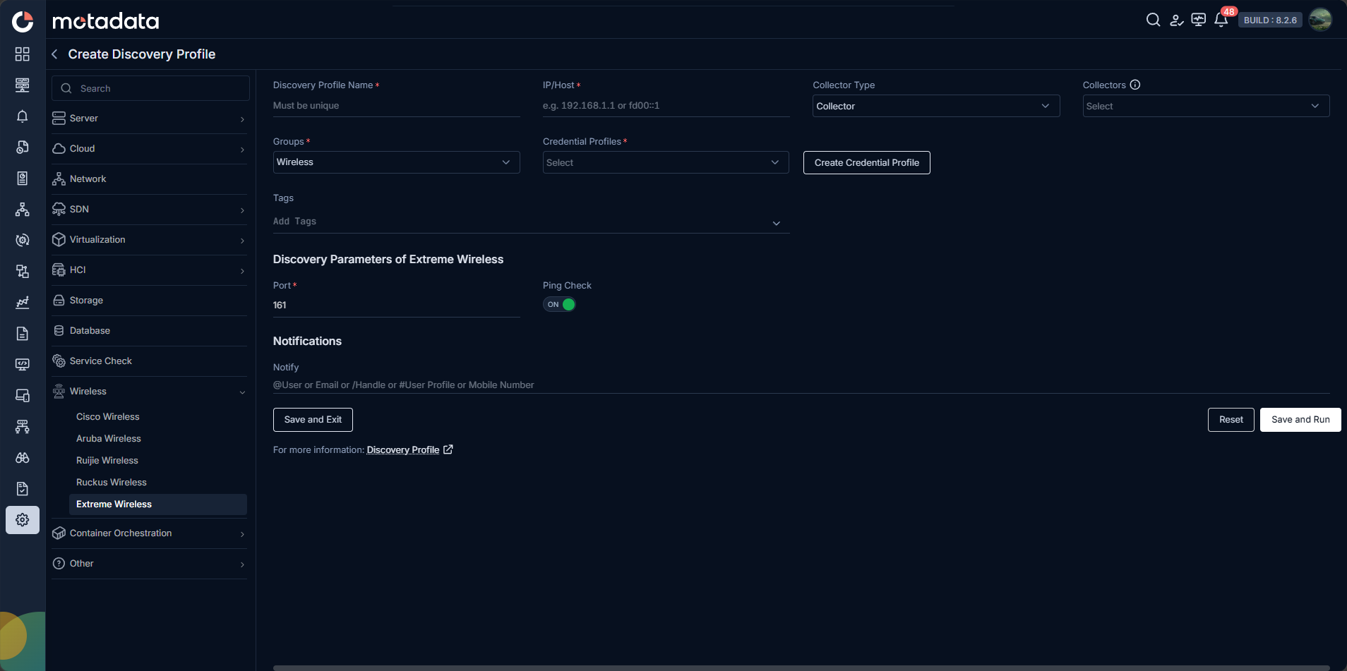 Discovery Profile form with Extreme Wireless discovery fields visible