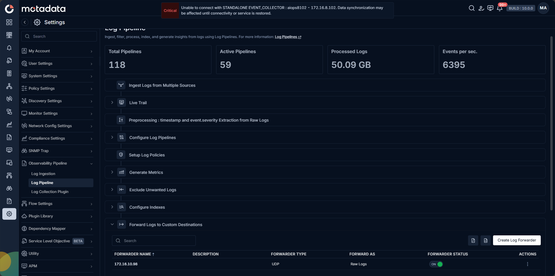 Forward Logs to Custom Destination screen showing the list of configured forwarders