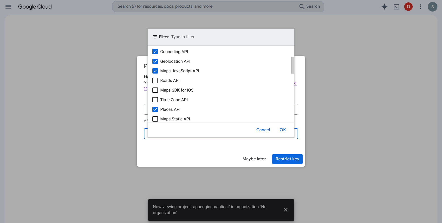API restrictions – select required APIs