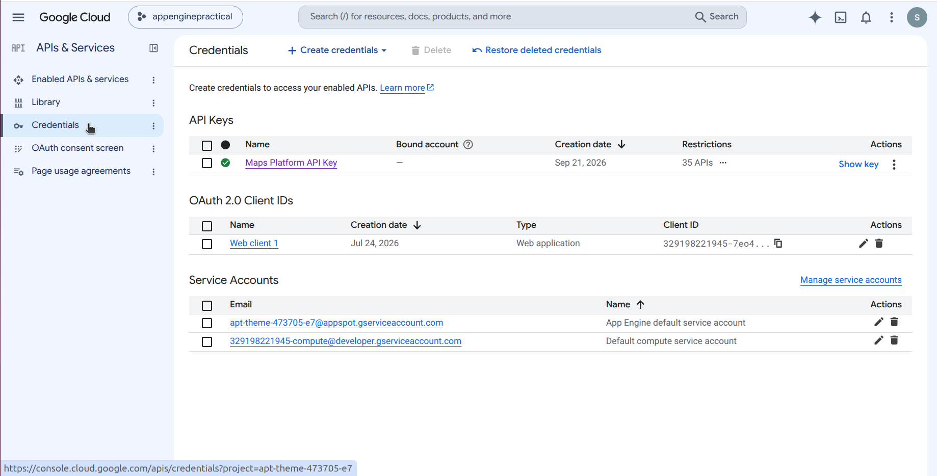 Credentials page in the APIs and Services left navigation