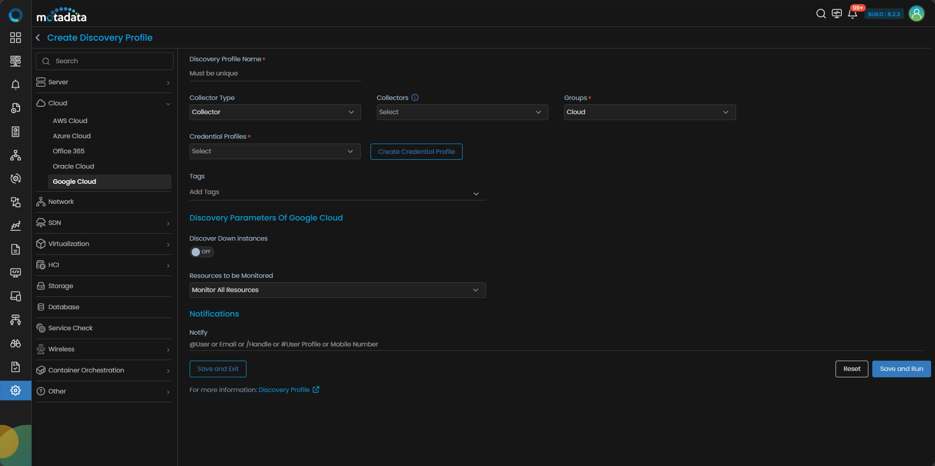 Discovery Profile form with Cloud category and GCP Cloud selected