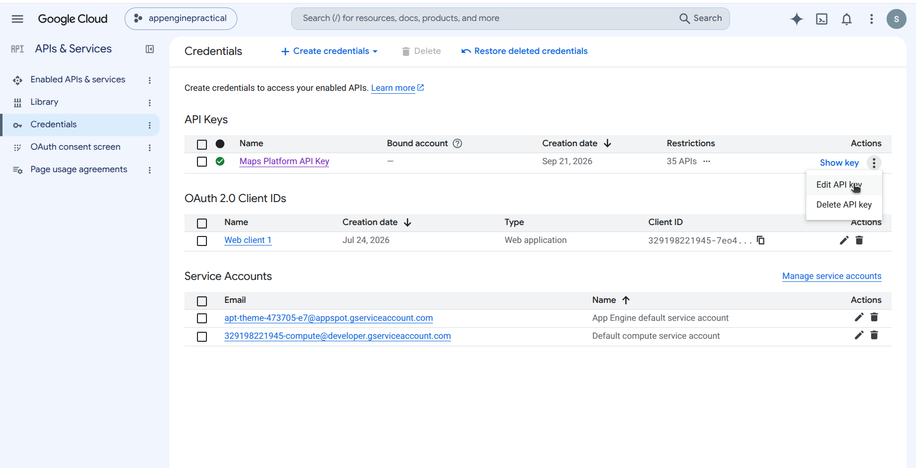 Actions menu with Edit API key option