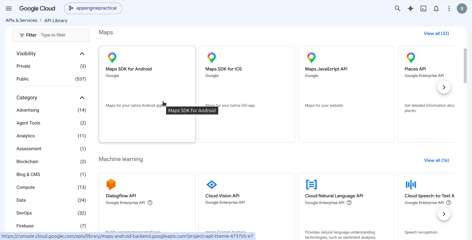 API Library filtered Maps view