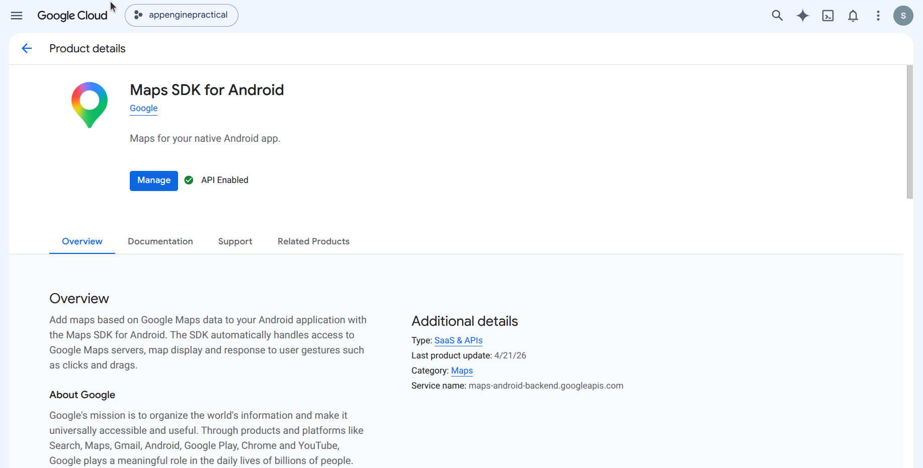 Maps SDK product details – API Enabled
