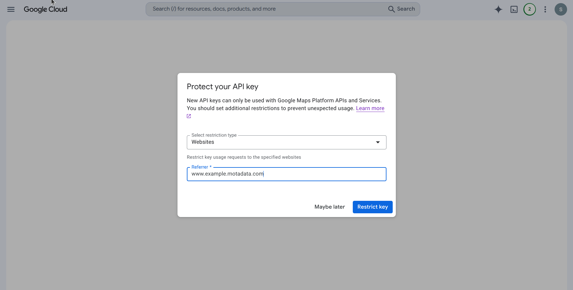 Protect your API key – Websites restriction
