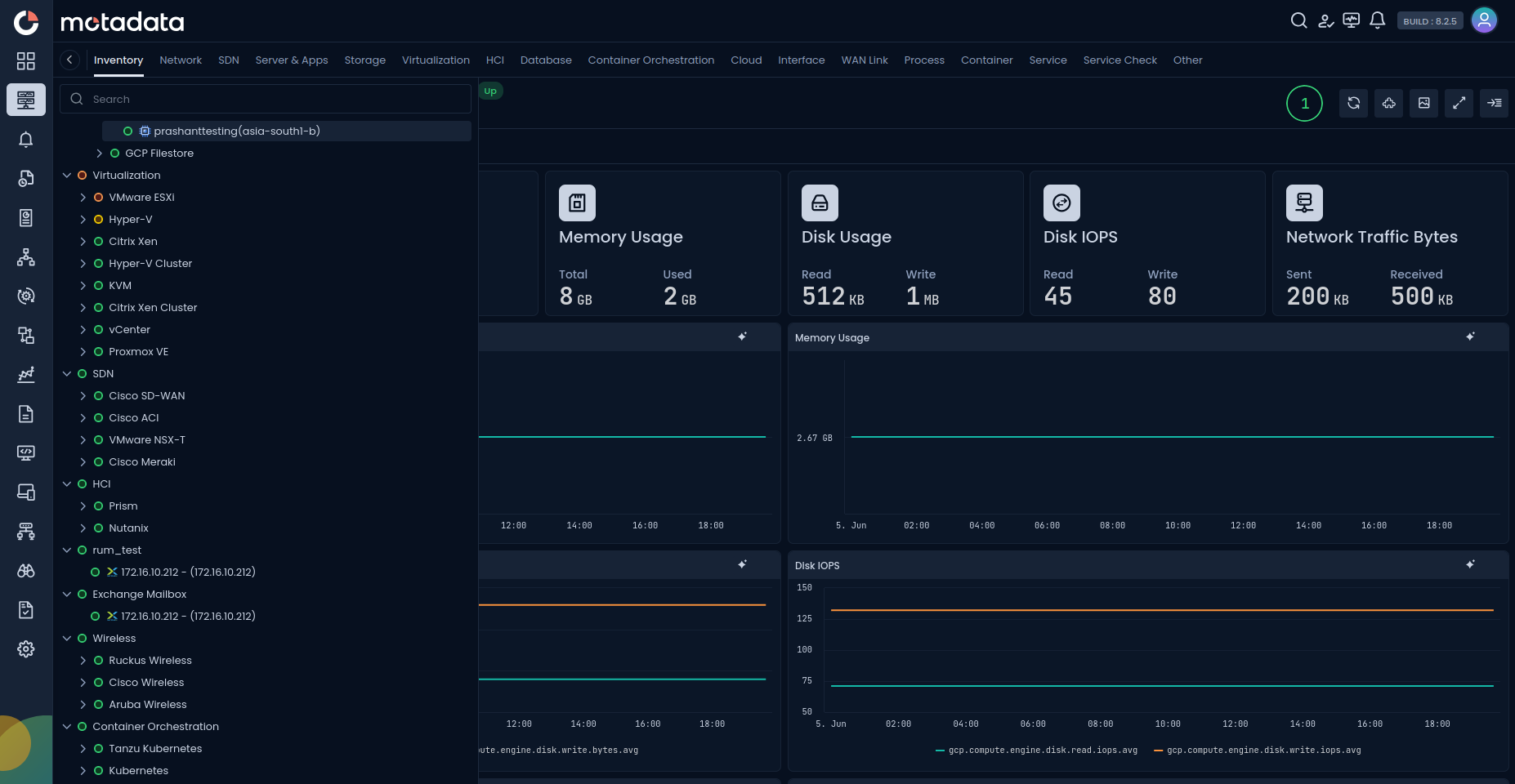 Monitor navigation panel with Cloud category selected showing provisioned GCP monitors