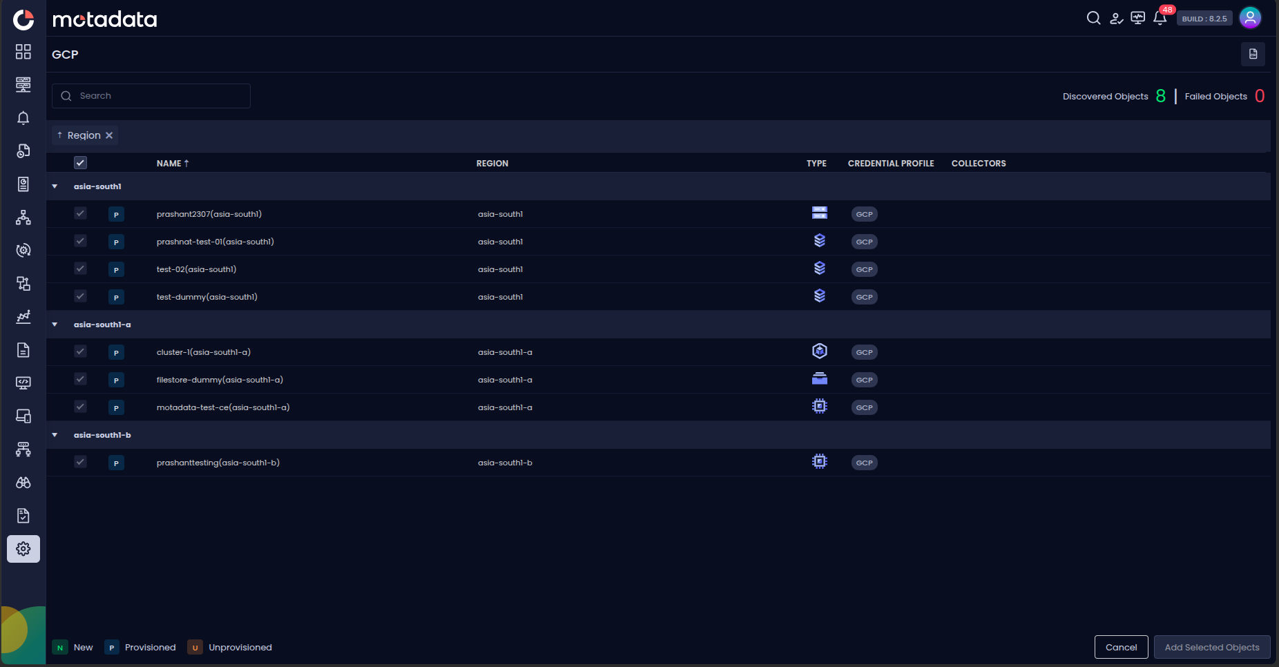 Provisioning screen showing discovered GCP resources with checkboxes to select