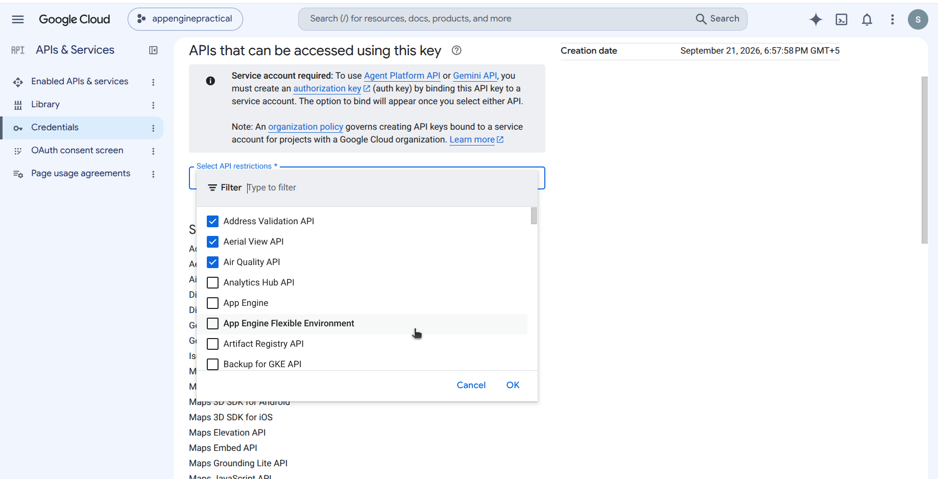 Select API restrictions dropdown