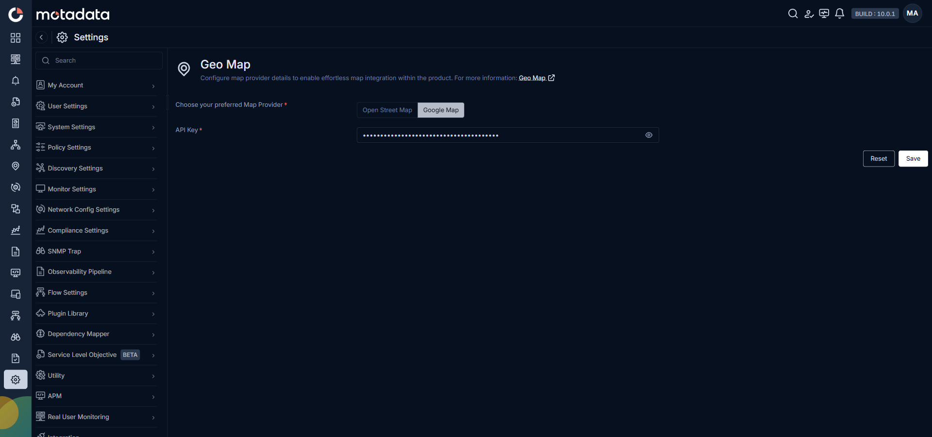 Geo Map integration configuration screen