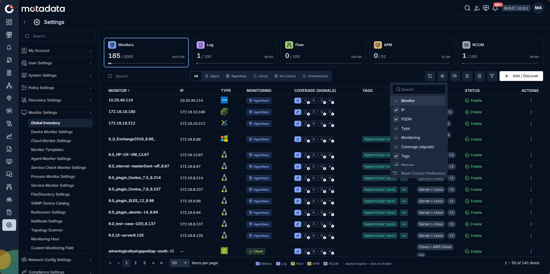 Column selector dropdown listing Monitor, IP, FQDN, Type, Monitoring, Coverage (signals), and Tags checkboxes